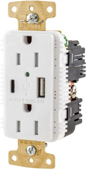 Hubbell USB15AC5WWR Outdoor USB Charging Outlet Weather Resistant WR TR-White (15 amps)