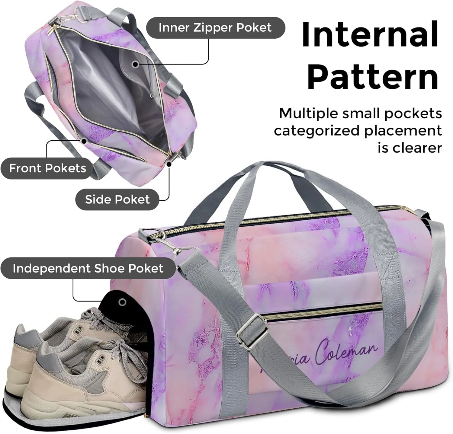 HUTARIO Personalized Duffle Bag for Women, Girl Sport Gym Dance Bag Travel for Weekender Overnight