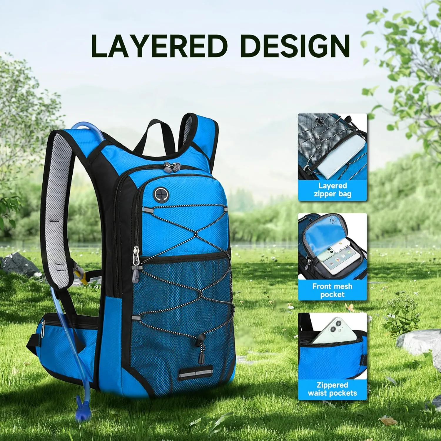 Hydration Bladder Backpack for Men & Women Sport Hydro Backpack with 2L Water Bladder Pack for Hiking Running Cycling Camping