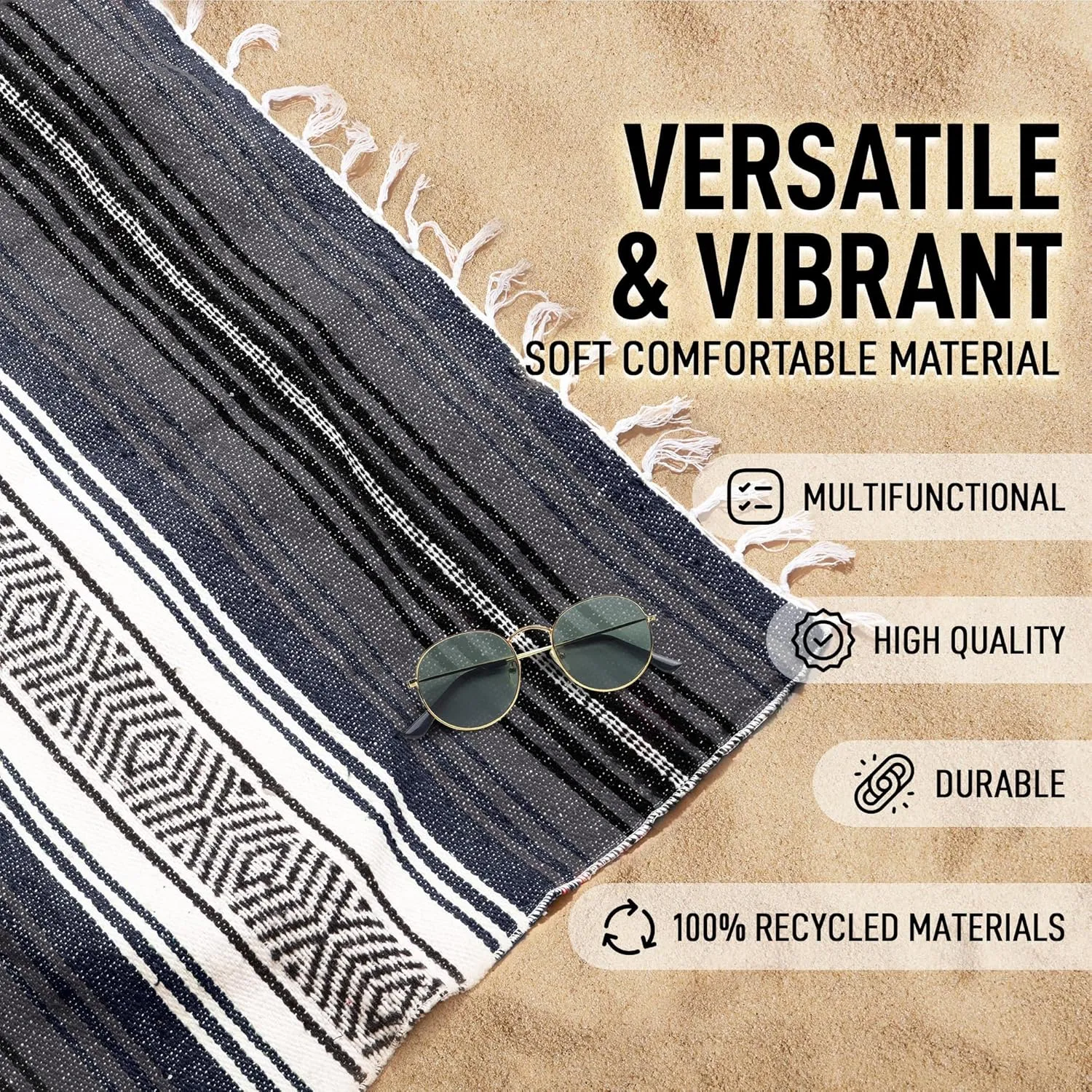 Hydration Nation Authentic Extra Large Mexican Blanket (70"x50") - Handwoven Yoga, Serape - Artisanal Falsa, Beach, Camping, Picnic, Outdoor (Blue Haze)