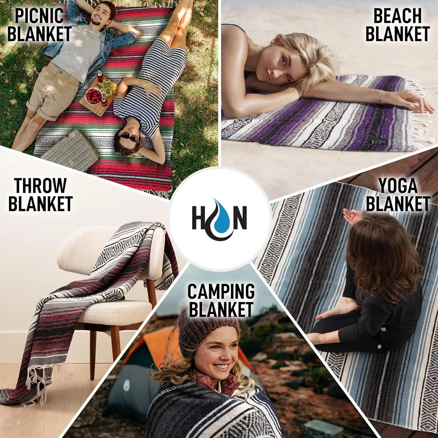 Hydration Nation Authentic Extra Large Mexican Blanket (70"x50") - Handwoven Yoga, Serape - Artisanal Falsa, Beach, Camping, Picnic, Outdoor (Blue Haze)