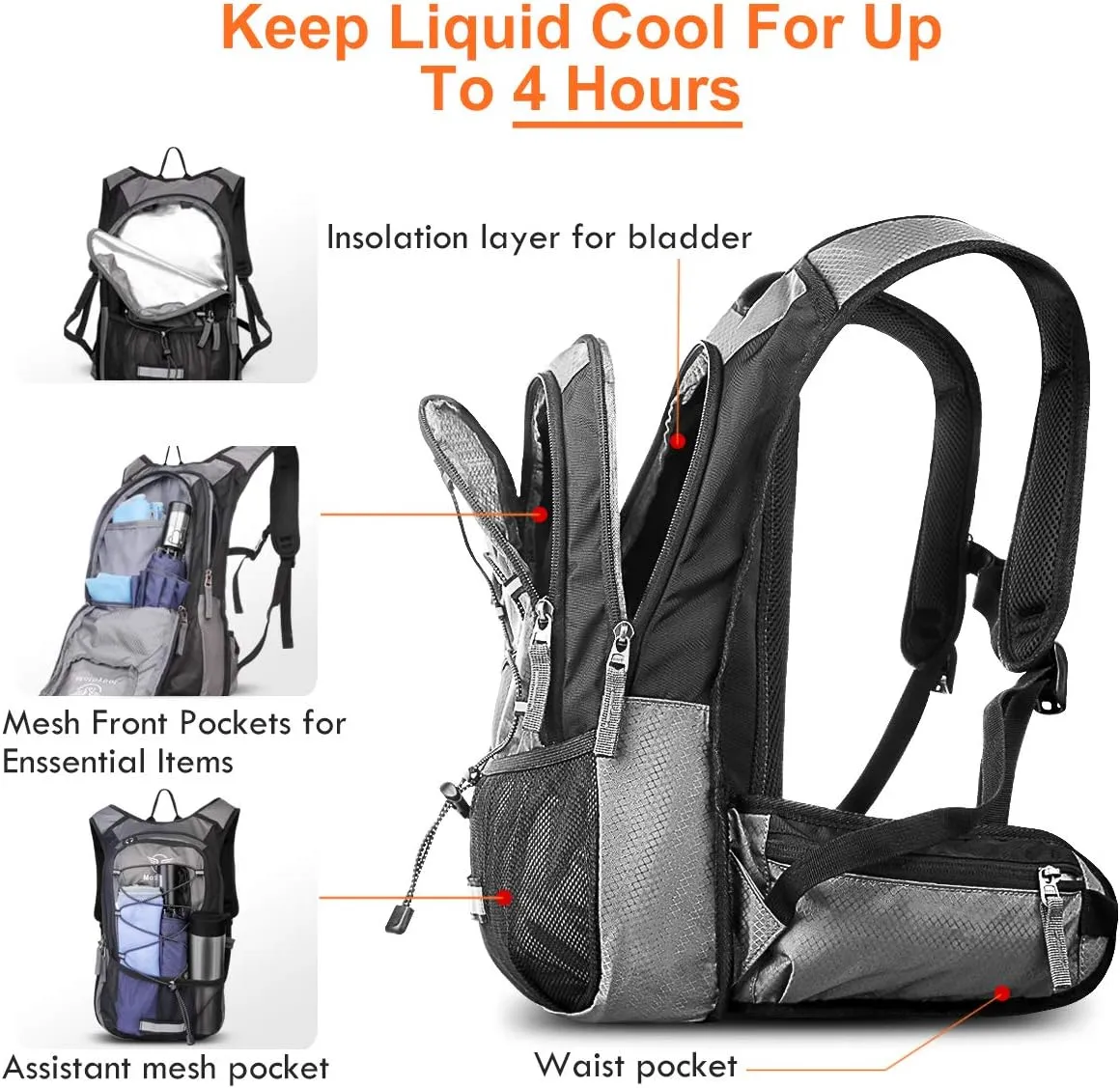 Hydration Pack, Insulated Hydration Backpack with 2L BPA Free Water Bladder and Storage, Hiking Backpack for Men, Women, Kids for Running, Cycling, Camping - Keep Liquid Cool up to 5 Hours