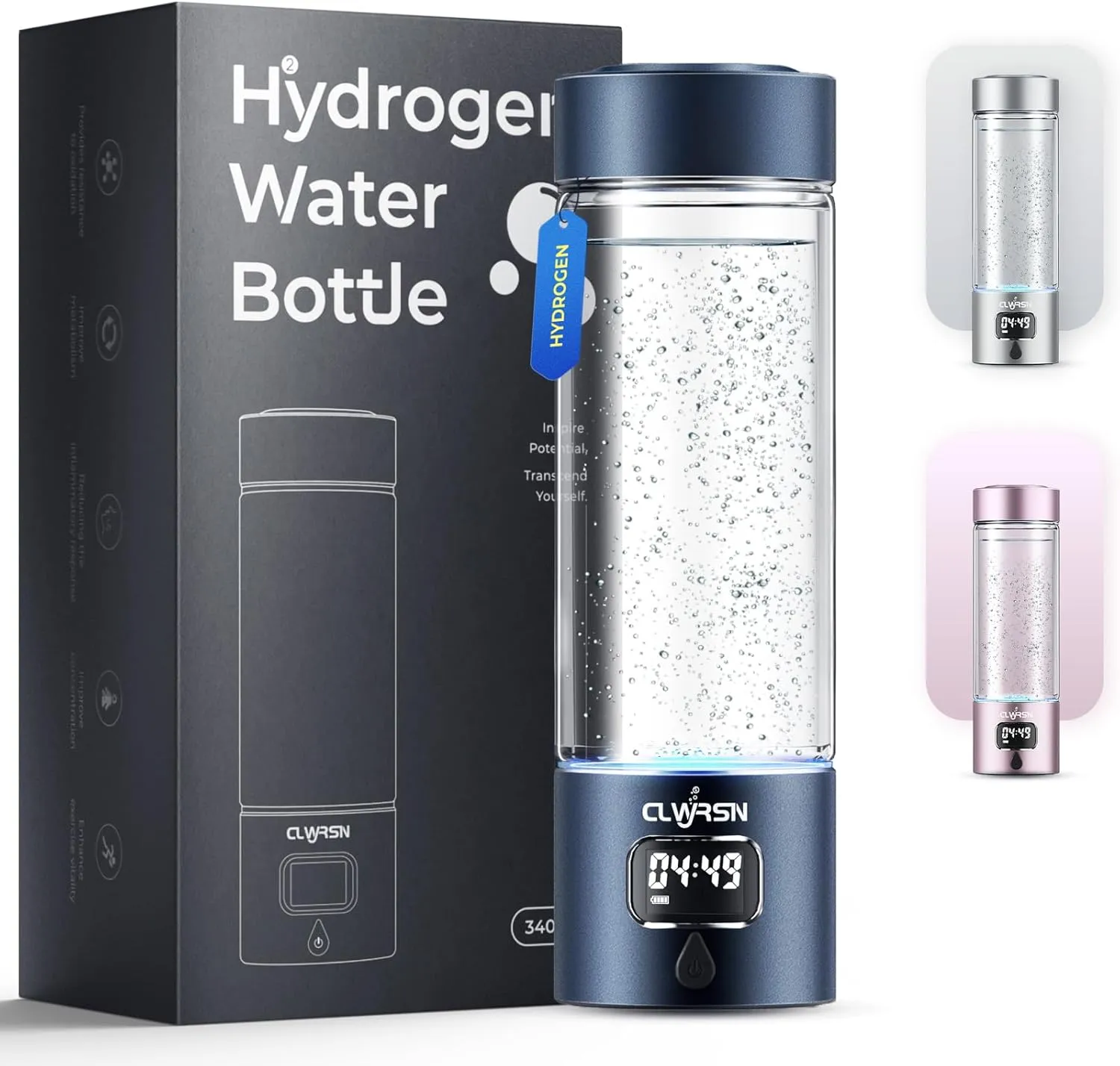 Hydrogen Water Bottle, Rechargeable with Countdown Timer & Battery Level Display, 5000 PPB, 11.5 Oz Capacity, Aluminum & Glass, Portable Hydrogen Water Bottle Generator for Office, Home, Outdoor(Blue)