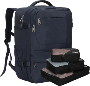Hynes Eagle 44L Carry on Backpack Airline Approved Travel Backpack for Men Women Large Laptop Backpack 17 inch Nylon Backpack Overnight Weekender Duffel Bag Navy Blue with 3PCS Packing Cubes Set Black