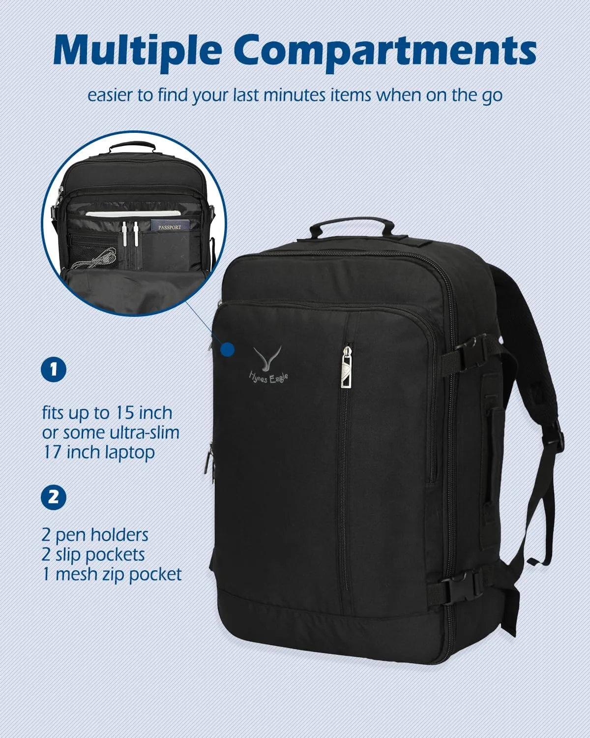 Hynes Eagle Carry on Backpack 38L Large Travel Backpack for Women Flight Approved Weekender Bag Laptop Backpack Men 15 inches Black 2023