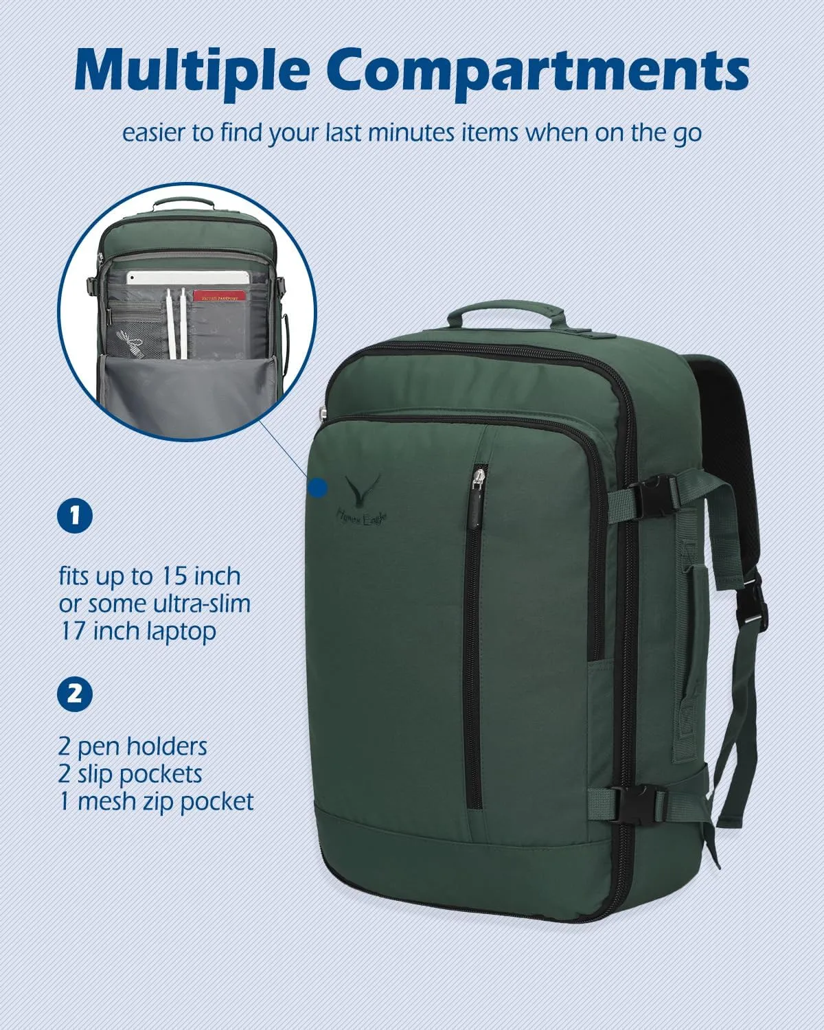 Hynes Eagle Carry on Backpack 38L Large Travel Backpack for Women Flight Approved Weekender Bag Laptop Backpack Men 15 inches Oliver Green