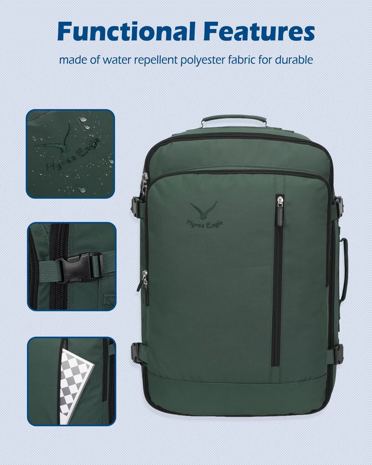 Hynes Eagle Carry on Backpack 38L Large Travel Backpack for Women Flight Approved Weekender Bag Laptop Backpack Men 15 inches Oliver Green