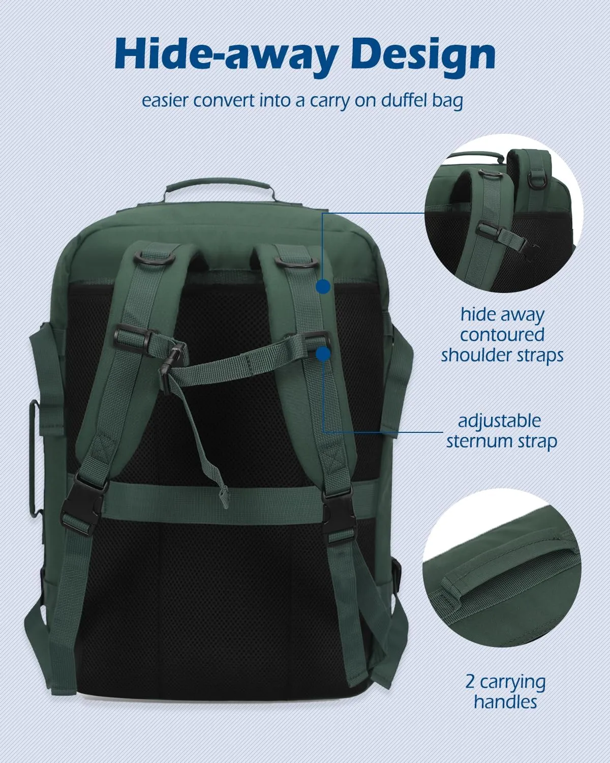 Hynes Eagle Carry on Backpack 38L Large Travel Backpack for Women Flight Approved Weekender Bag Laptop Backpack Men 15 inches Oliver Green