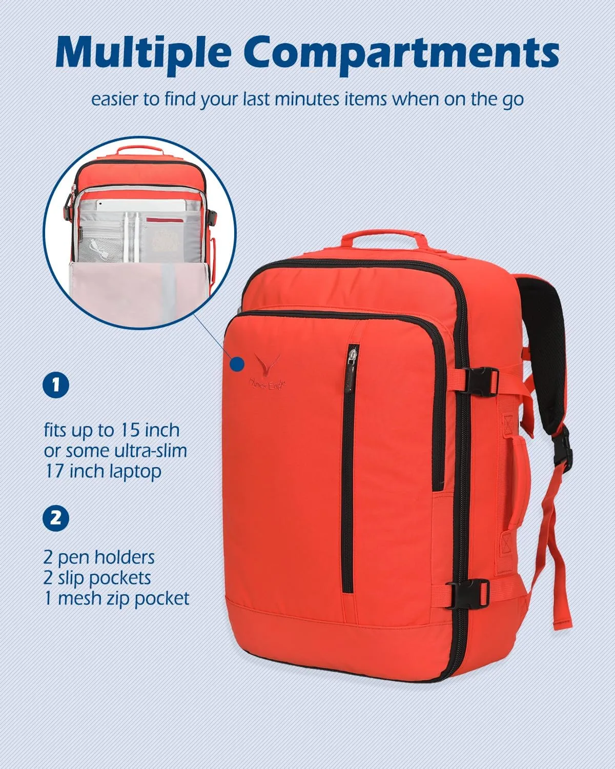 Hynes Eagle Carry on Backpack 38L Large Travel Backpack for Women Flight Approved Weekender Bag Laptop Backpack Men 15 inches Orange