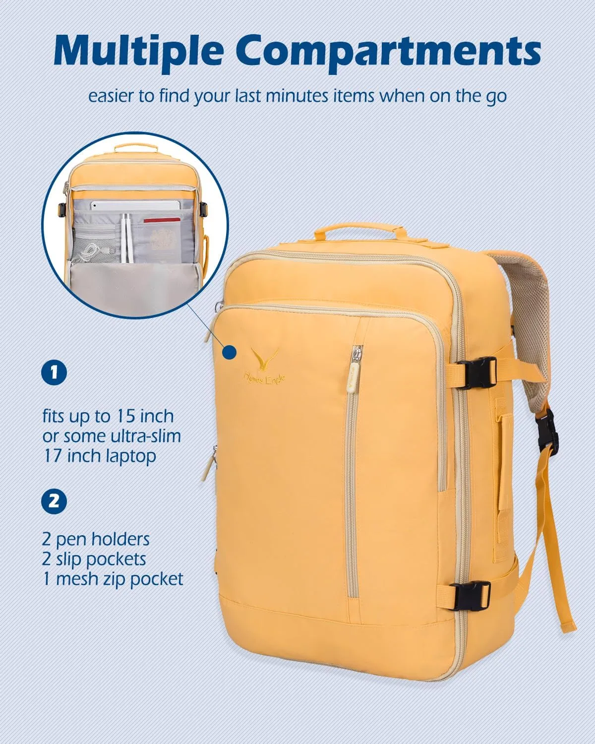 Hynes Eagle Carry on Backpack 38L Large Travel Backpack for Women Flight Approved Weekender Bag Laptop Backpack Men 15 inches Yellow