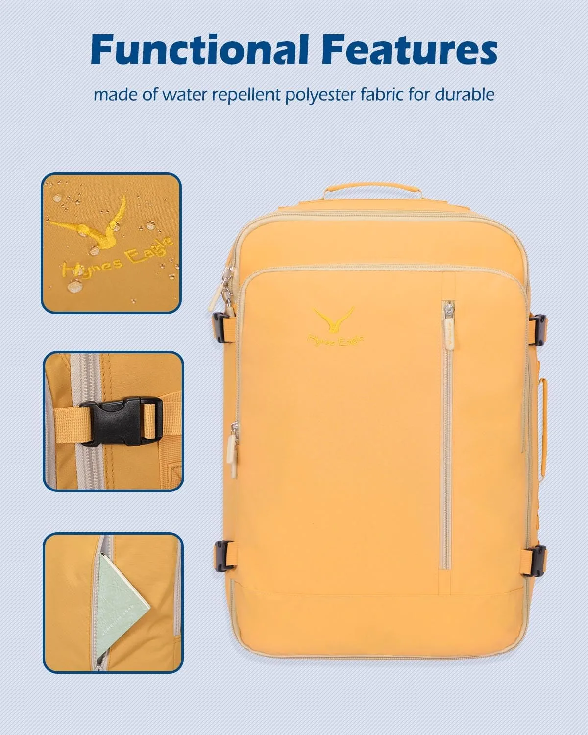Hynes Eagle Carry on Backpack 38L Large Travel Backpack for Women Flight Approved Weekender Bag Laptop Backpack Men 15 inches Yellow
