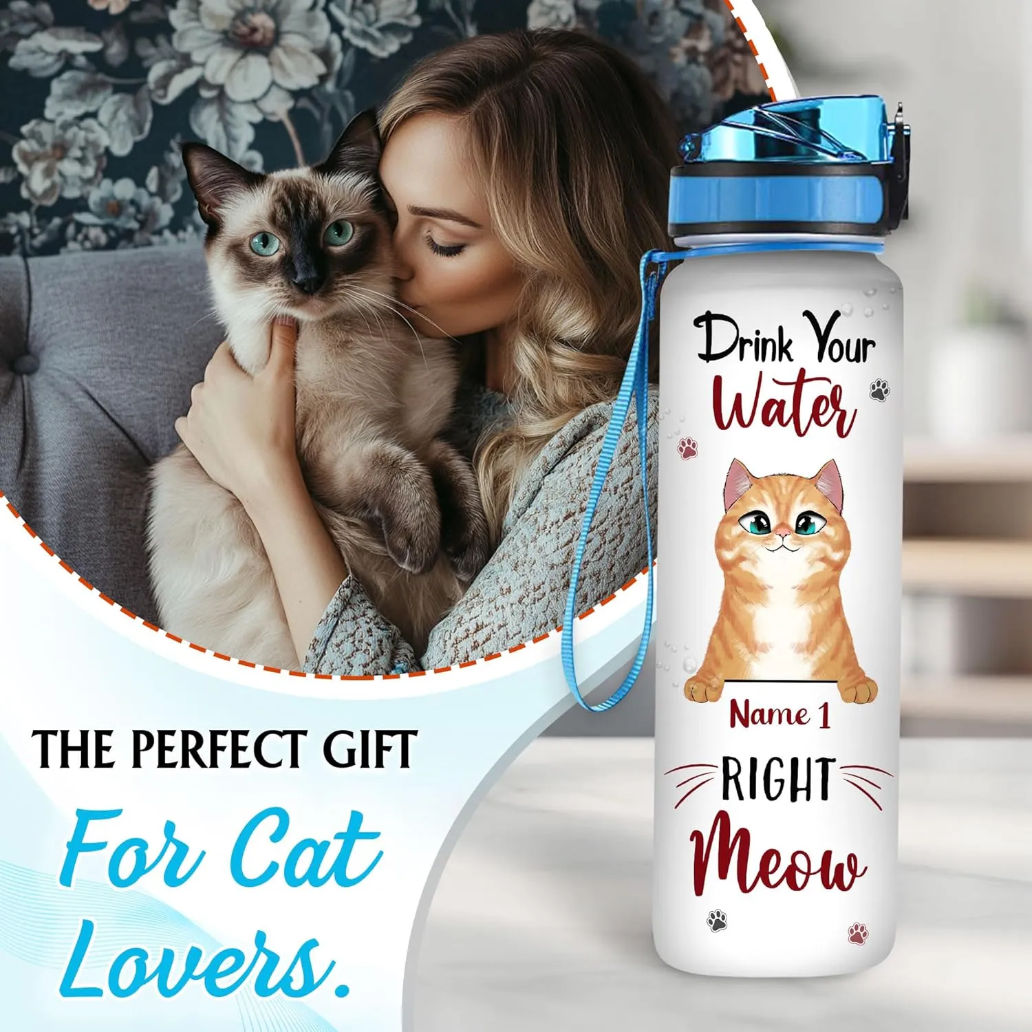Hyturtle Personalized Cat Water Bottle - 32oz Motivational Water Bottle with Leak-Proof Lid & Time Marker - Custom Name Gift for Black Cat Lovers, Women, Girls - Birthday & Christmas Gift