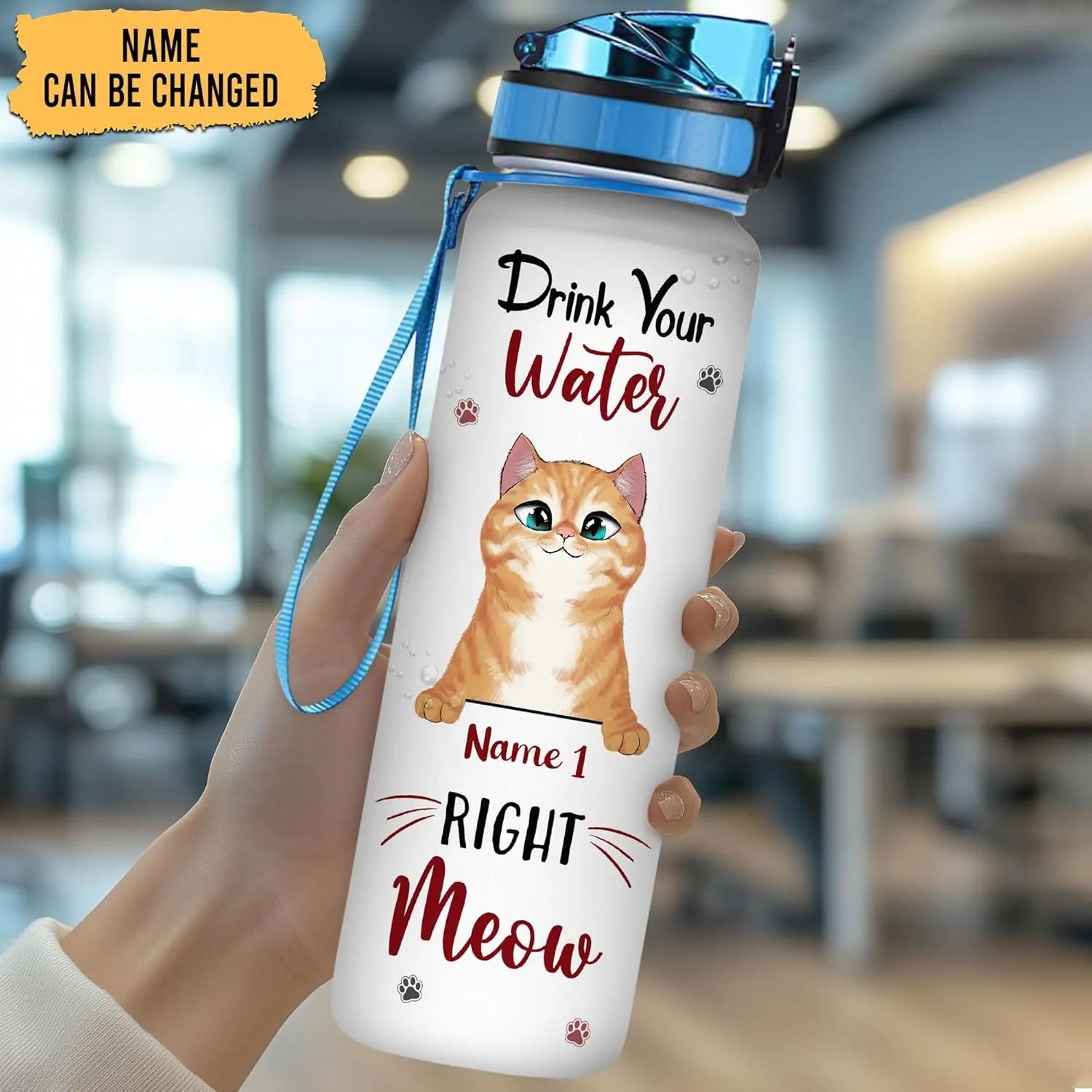Hyturtle Personalized Cat Water Bottle - 32oz Motivational Water Bottle with Leak-Proof Lid & Time Marker - Custom Name Gift for Black Cat Lovers, Women, Girls - Birthday & Christmas Gift