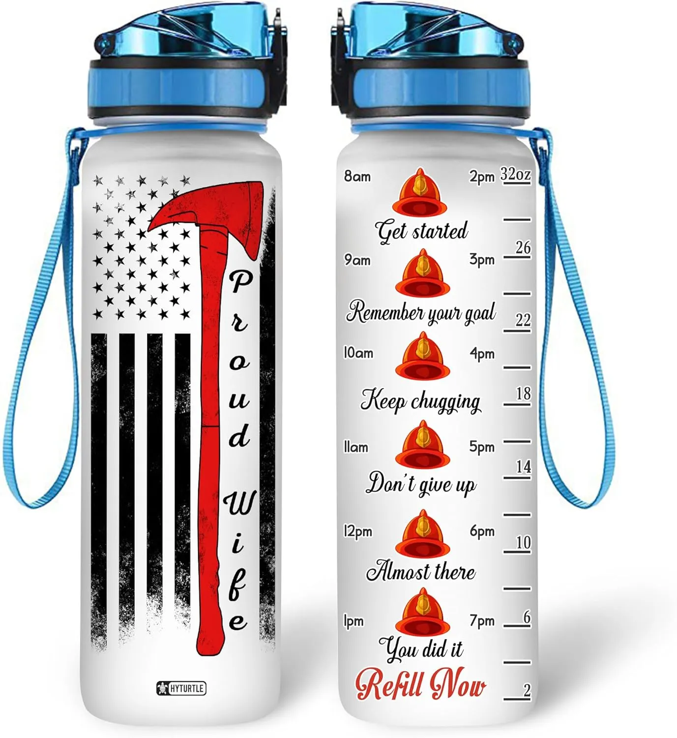 Hyturtle Personalized Firefighter Water Bottle - 32oz Motivational Travel Bottle with Leak-Proof Lid Time Marker - Custom Name USA Flag Gift for Men Dad From Wife, Fireman - Birthday & Christmas Gift