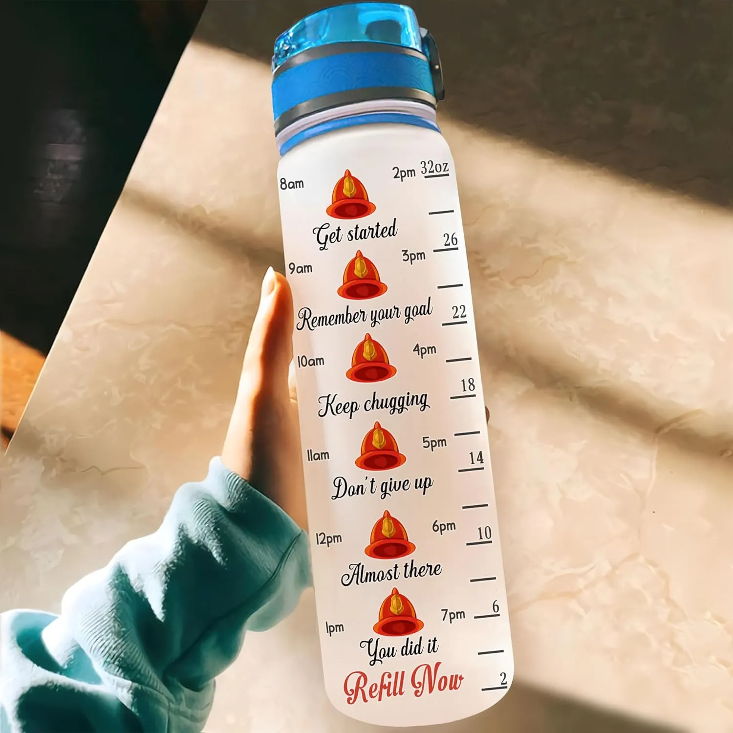 Hyturtle Personalized Firefighter Water Bottle - 32oz Motivational Travel Bottle with Leak-Proof Lid Time Marker - Custom Name USA Flag Gift for Men Dad From Wife, Fireman - Birthday & Christmas Gift