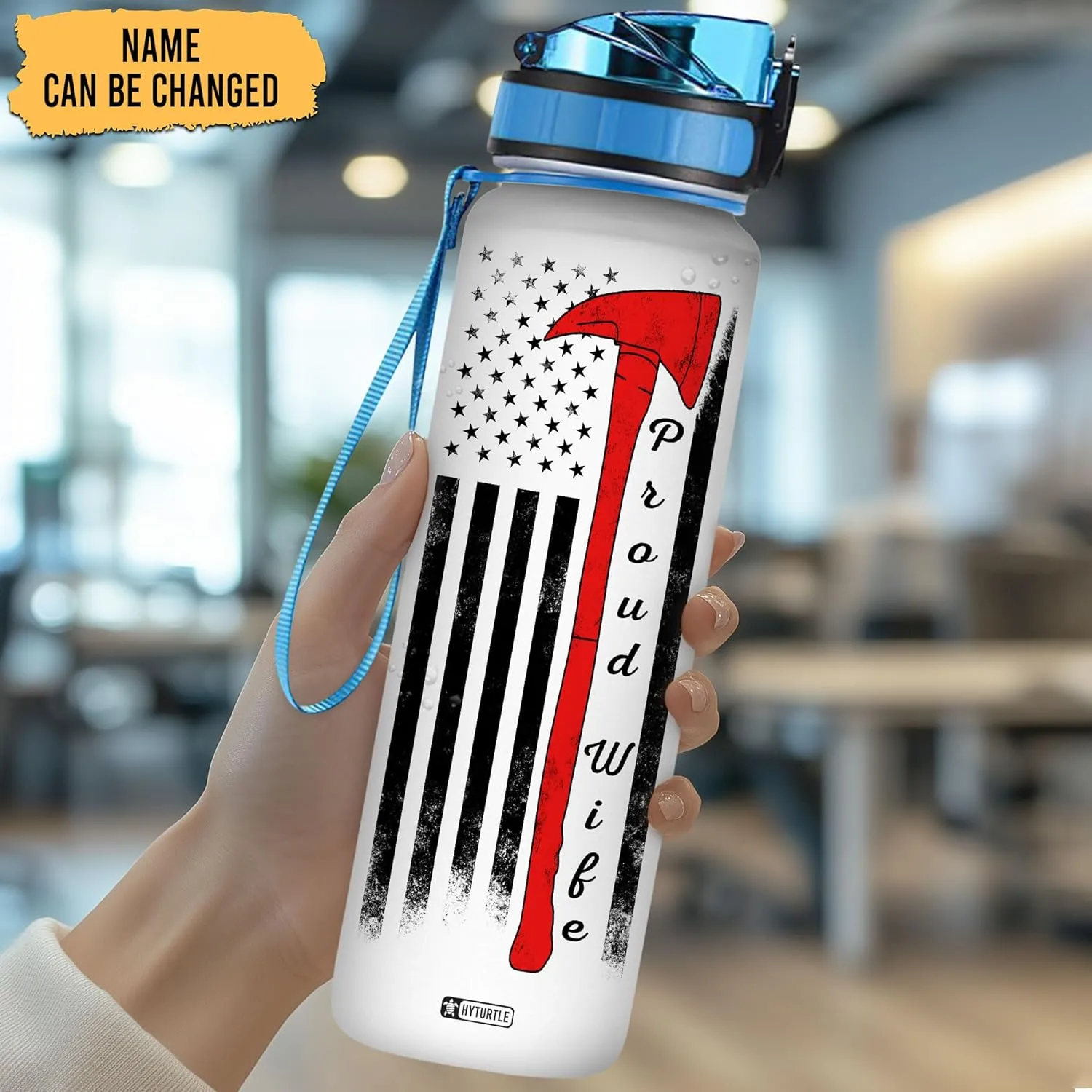 Hyturtle Personalized Firefighter Water Bottle - 32oz Motivational Travel Bottle with Leak-Proof Lid Time Marker - Custom Name USA Flag Gift for Men Dad From Wife, Fireman - Birthday & Christmas Gift