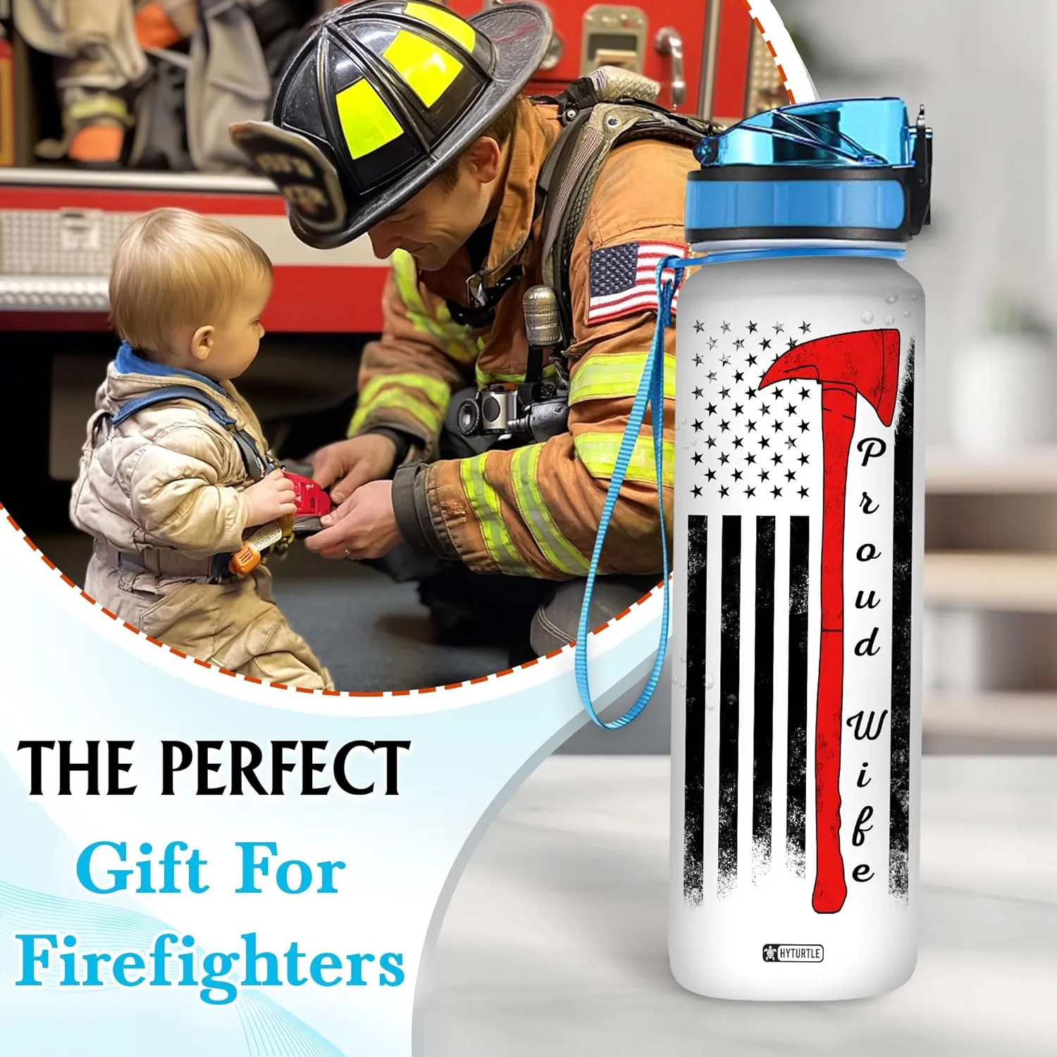 Hyturtle Personalized Firefighter Water Bottle - 32oz Motivational Travel Bottle with Leak-Proof Lid Time Marker - Custom Name USA Flag Gift for Men Dad From Wife, Fireman - Birthday & Christmas Gift