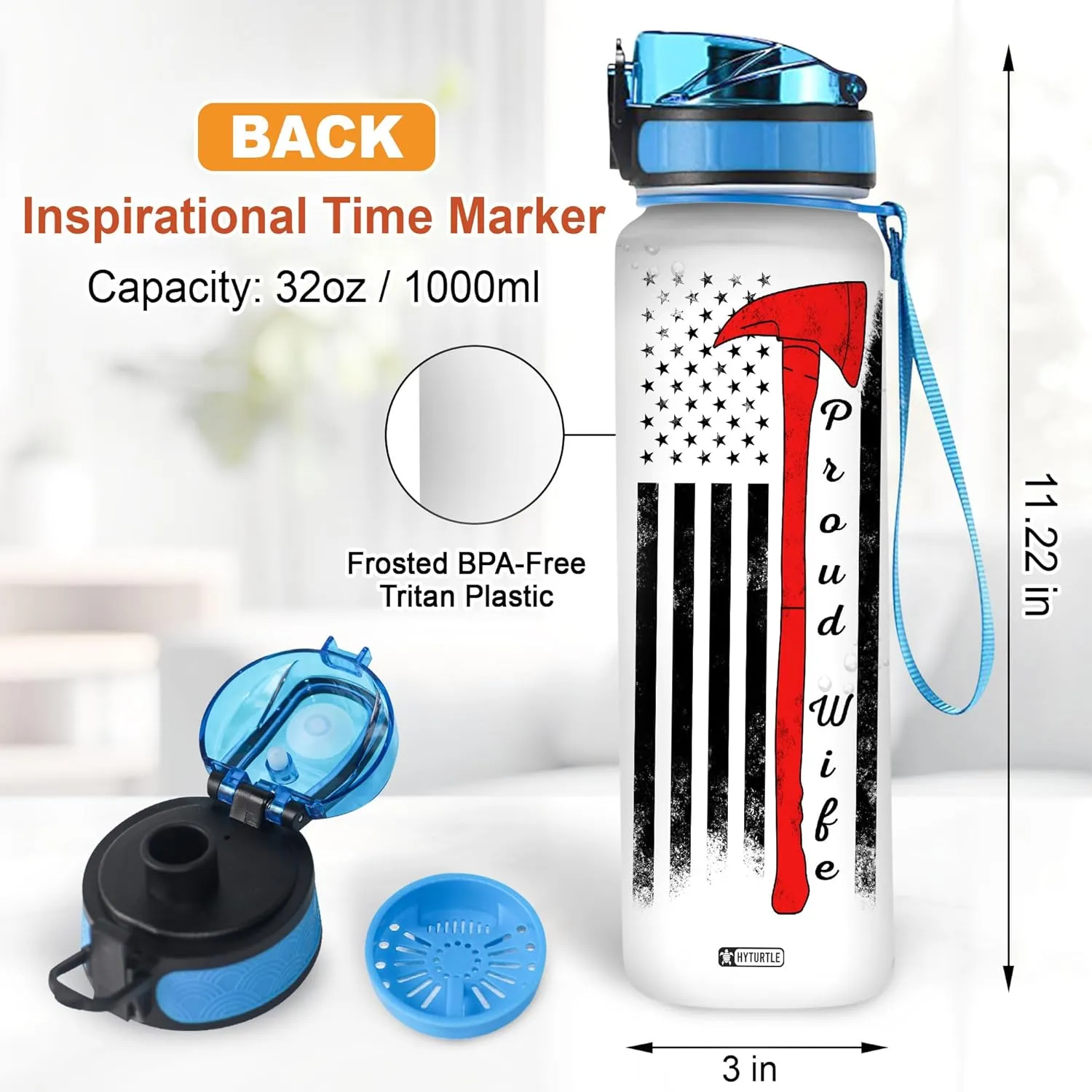 Hyturtle Personalized Firefighter Water Bottle - 32oz Motivational Travel Bottle with Leak-Proof Lid Time Marker - Custom Name USA Flag Gift for Men Dad From Wife, Fireman - Birthday & Christmas Gift
