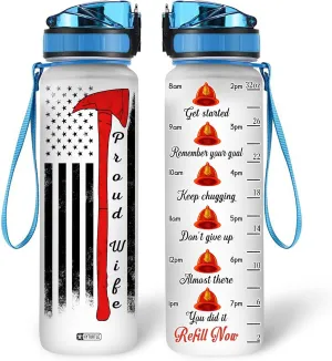 Hyturtle Personalized Firefighter Water Bottle - 32oz Motivational Travel Bottle with Leak-Proof Lid Time Marker - Custom Name USA Flag Gift for Men Dad From Wife, Fireman - Birthday & Christmas Gift