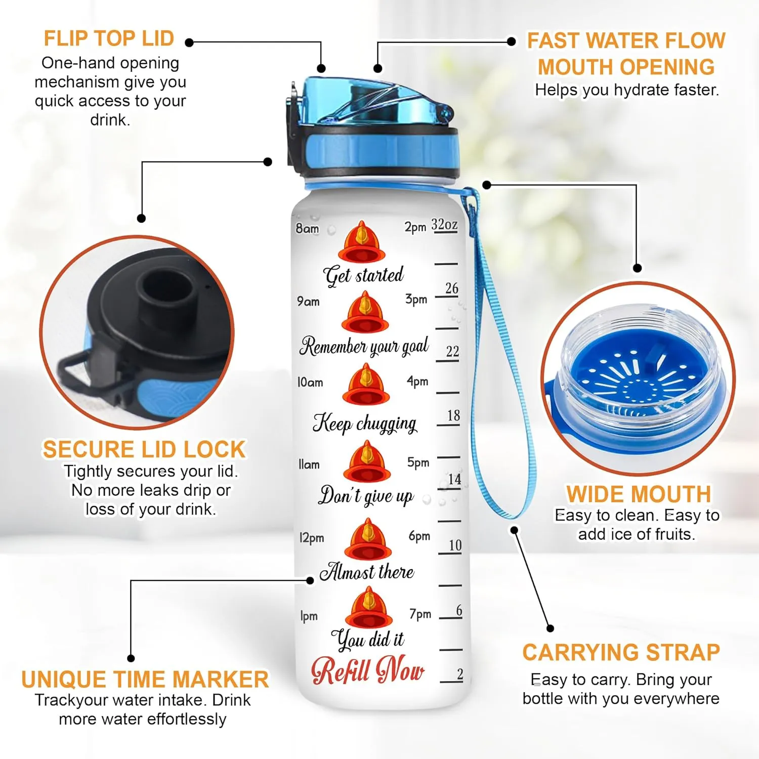 Hyturtle Personalized Firefighter Water Bottle - 32oz Motivational Travel Bottle with Leak-Proof Lid Time Marker - Custom Name USA Flag Gift for Men Dad From Wife, Fireman - Birthday & Christmas Gift