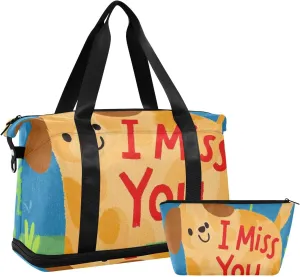 I Miss You Cartoon Cute Brown Dog Tote Bag Travel Overnight Carry on Bag with Adjustable Strap for Travel Waterproof