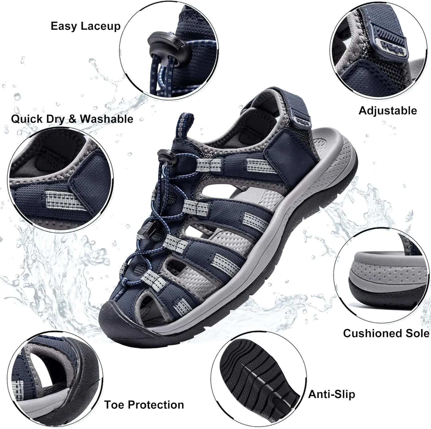 i78 Mens Athletic Hiking Sandals Closed Toe Outdoor Sport Sandals for Trail Beach Walking Waterproof Lightweight Casual