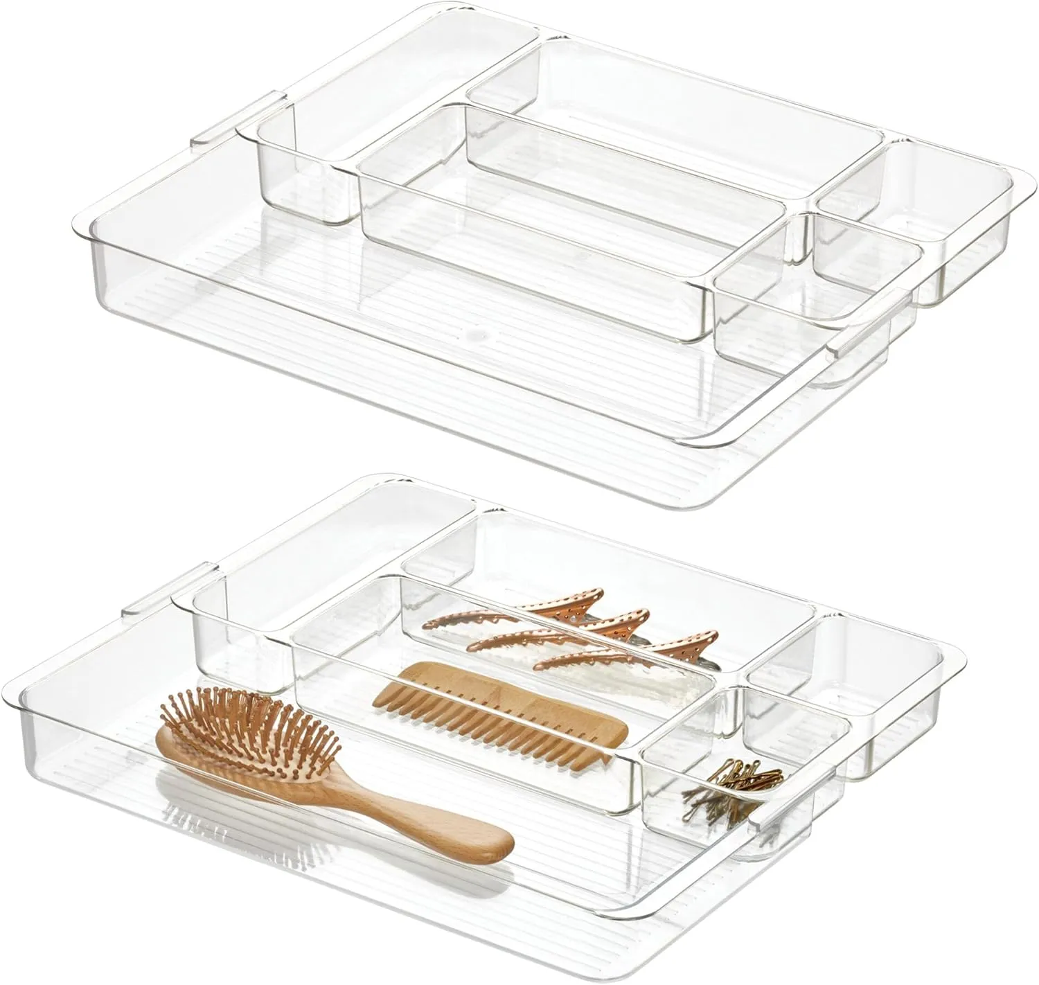 iDesign Makeup Drawer Organizer-Storage Cosmetics or Jewelry, Set of 2, Clear Luci Divided Expandable Tray-Large M2