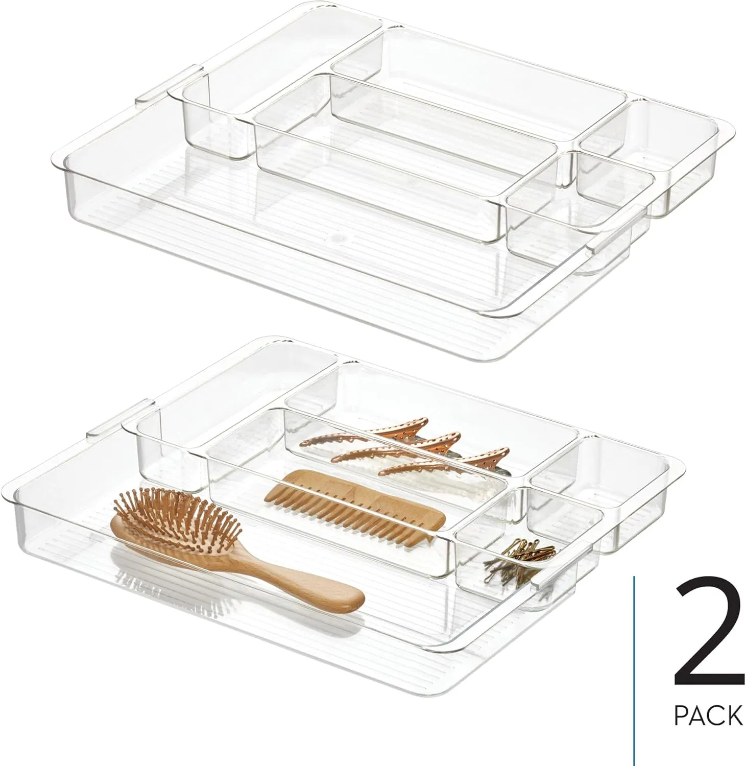 iDesign Makeup Drawer Organizer-Storage Cosmetics or Jewelry, Set of 2, Clear Luci Divided Expandable Tray-Large M2