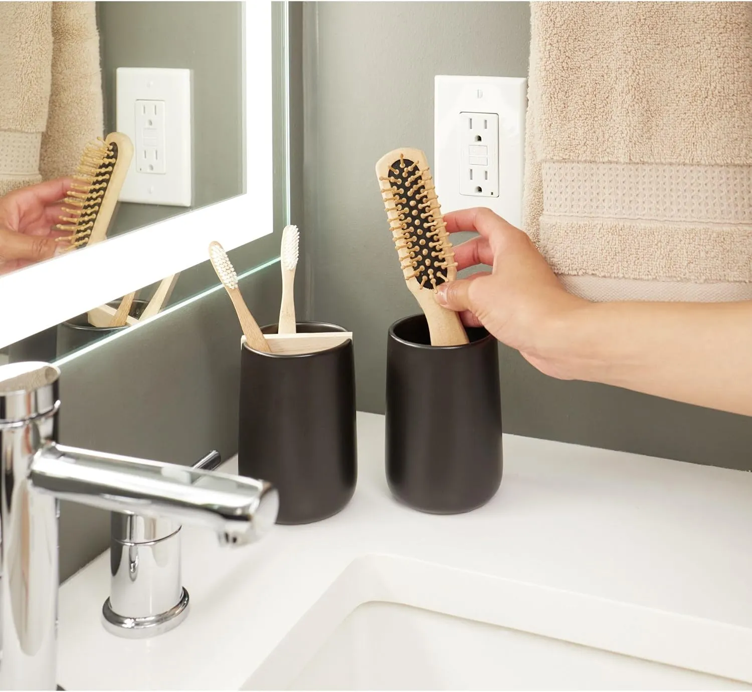 iDesign Toothbrush Holder with Removable Wood Divider-Set of 2-Matte Black