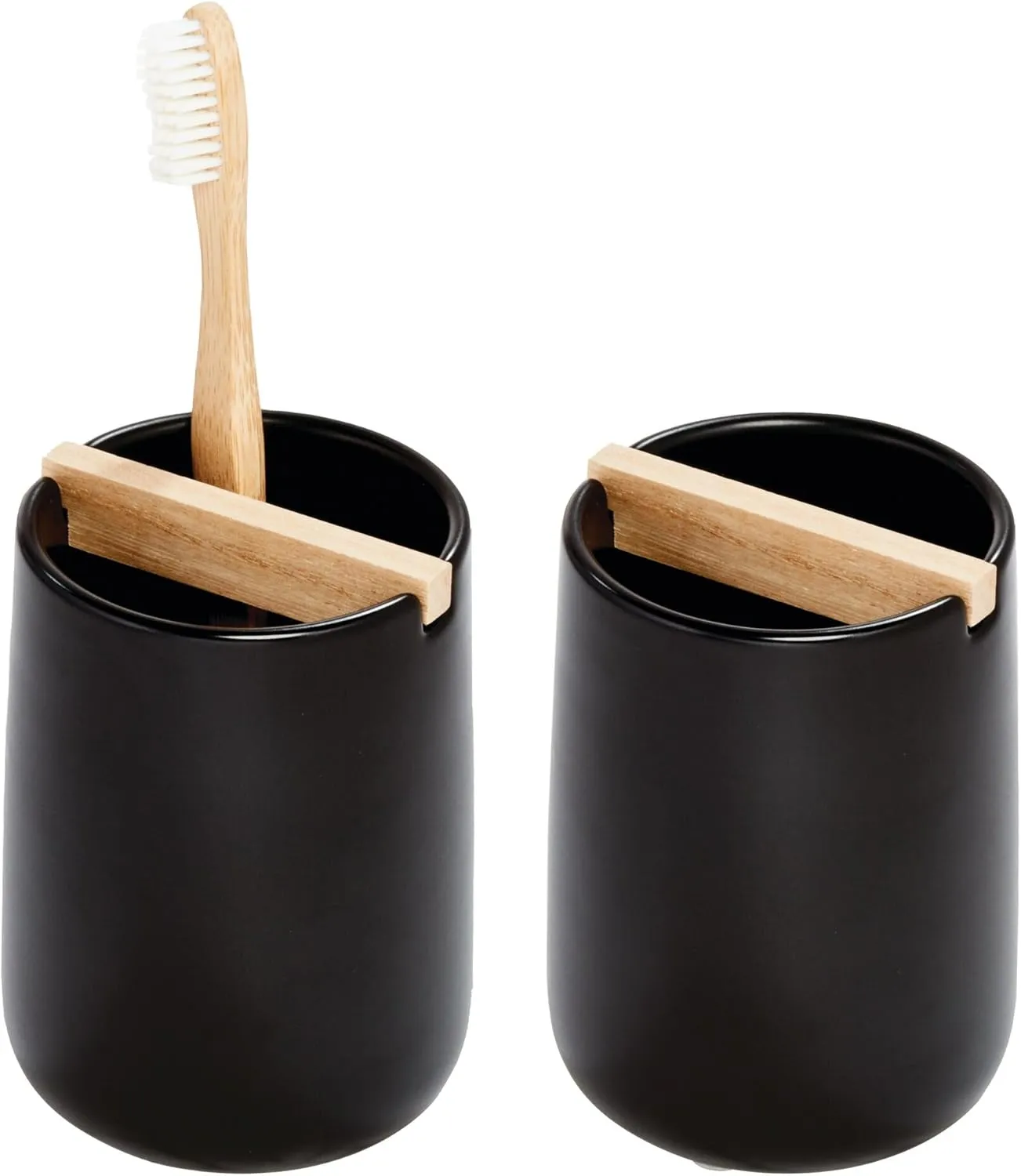 iDesign Toothbrush Holder with Removable Wood Divider-Set of 2-Matte Black