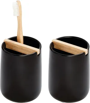 iDesign Toothbrush Holder with Removable Wood Divider-Set of 2-Matte Black