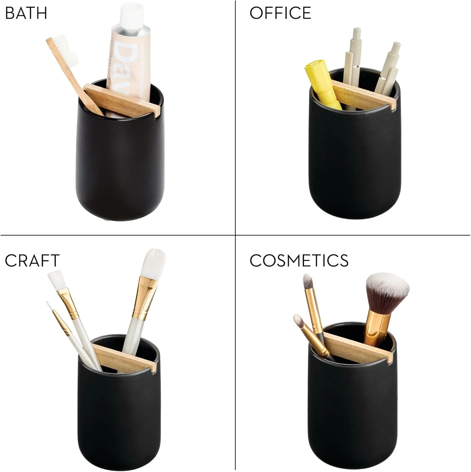 iDesign Toothbrush Holder with Removable Wood Divider-Set of 2-Matte Black