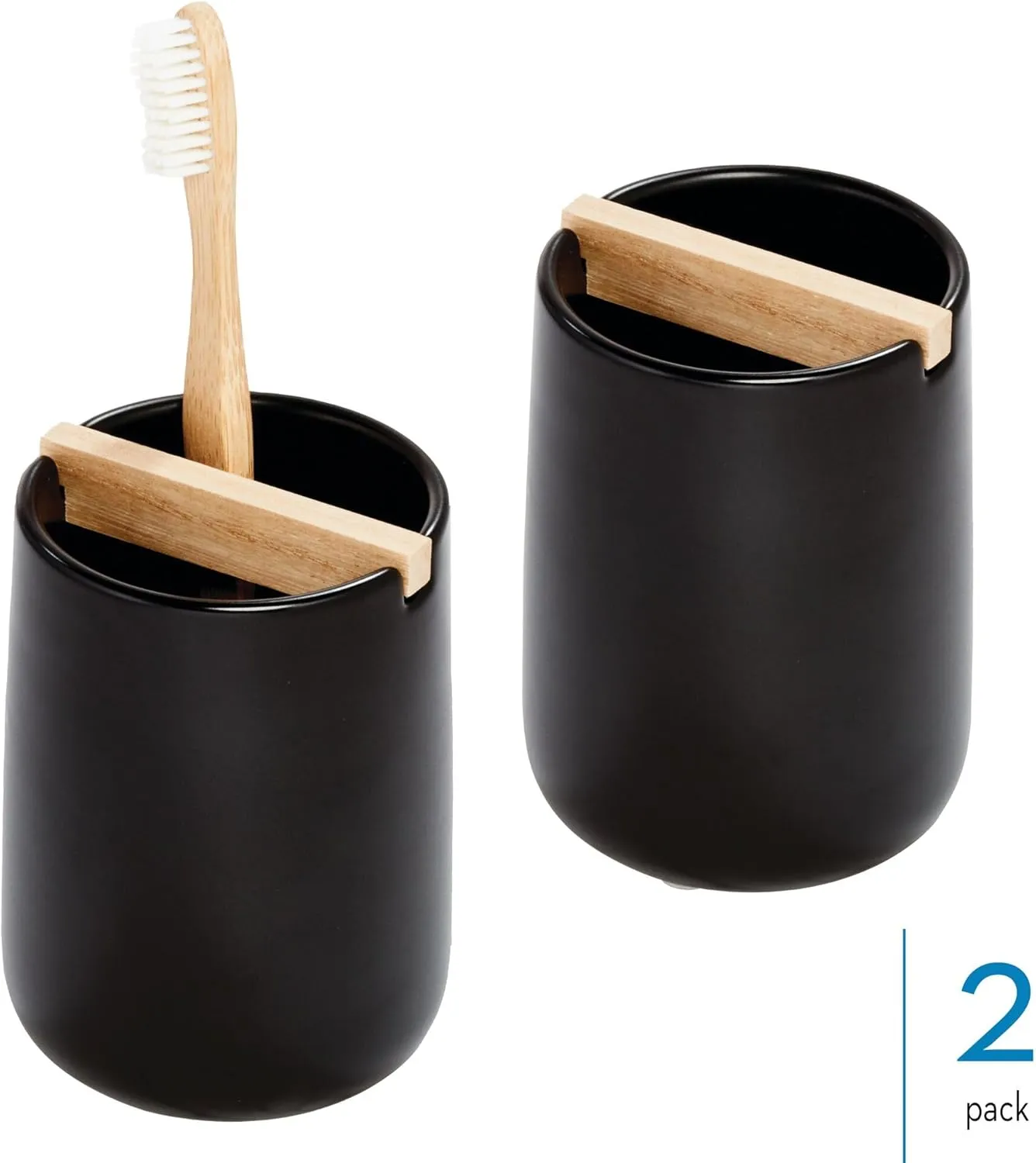 iDesign Toothbrush Holder with Removable Wood Divider-Set of 2-Matte Black