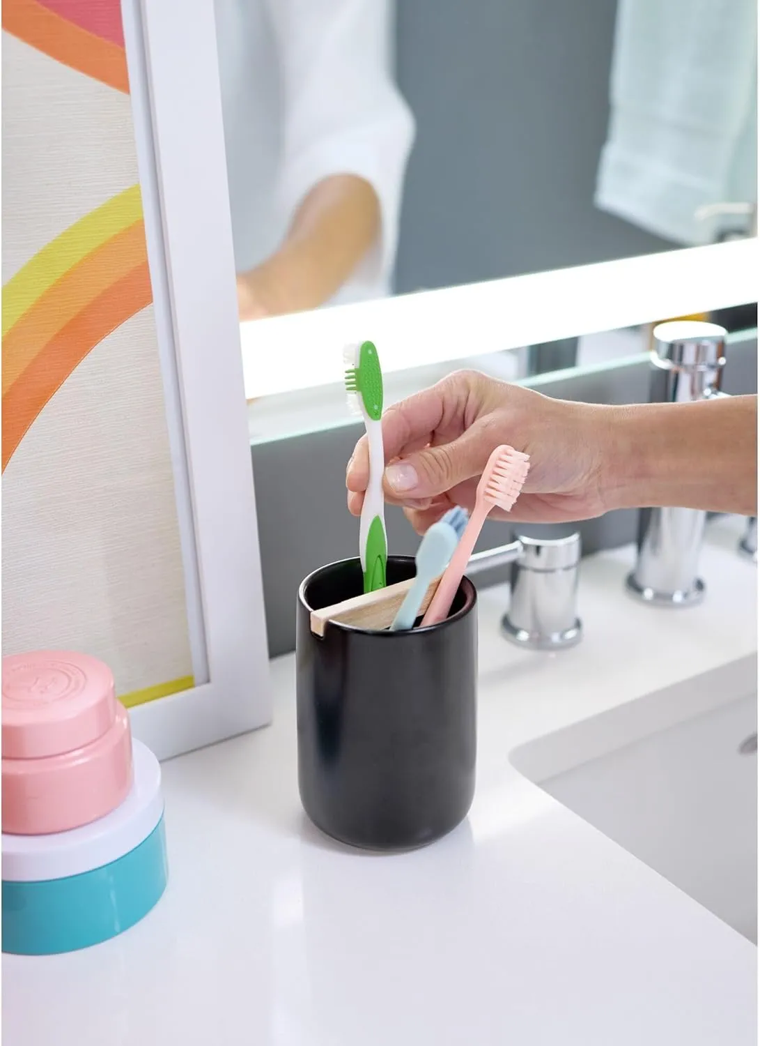 iDesign Toothbrush Holder with Removable Wood Divider-Set of 2-Matte Black