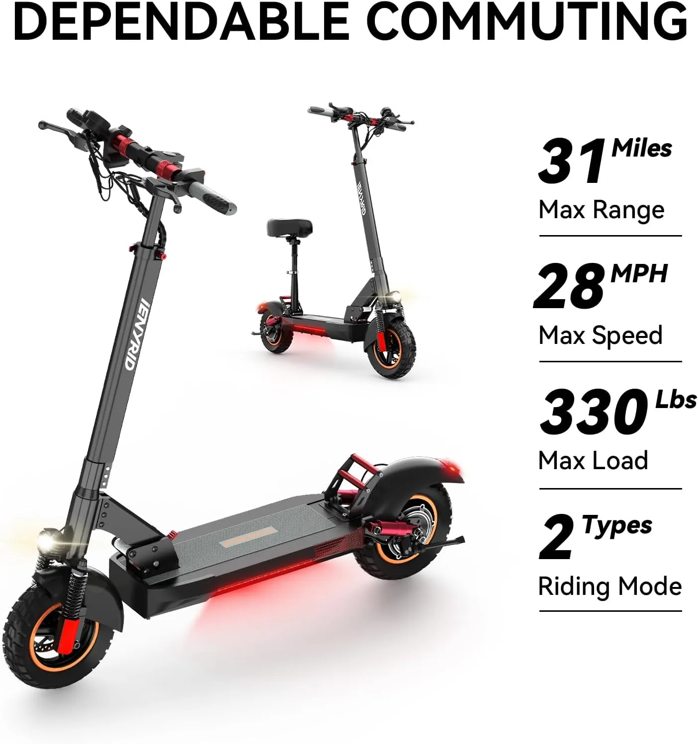 ienyrid m4 electric scooter for adults with seat fast 25-30 mph speed off road heavy duty 300 lbs 10 inch foldable e scooter mobility folding bike for girls men teens 31-37 miles long range e scooters