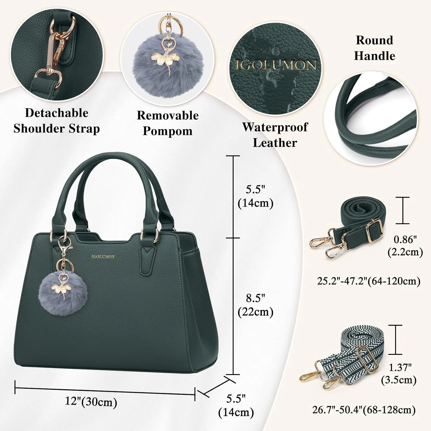 IGOLUMON Women's Top-Handle Handbags PU Vegan Leather Satchel Purses for Women Designer Tote Purse Handbag with Cute Pompom