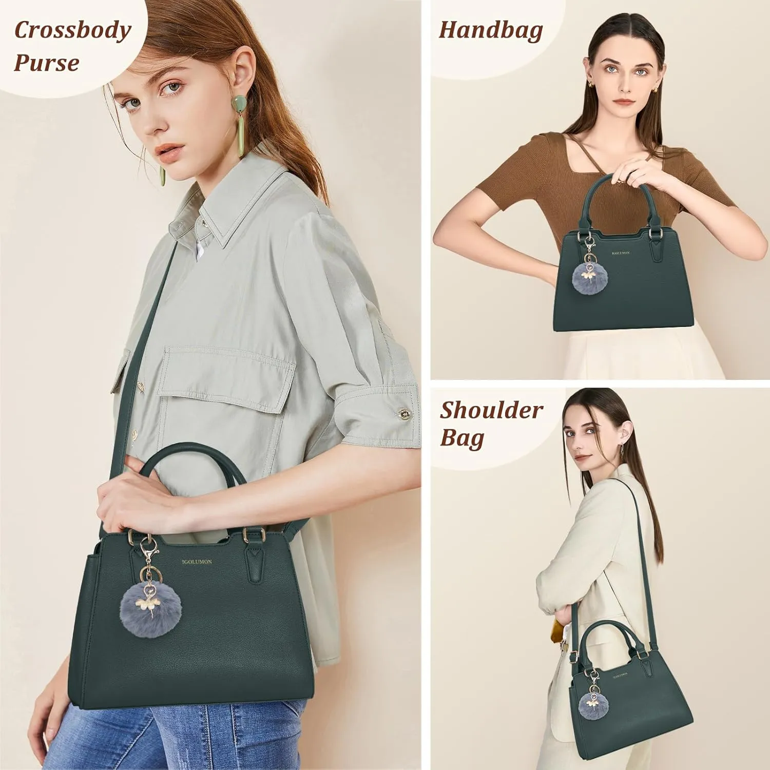 IGOLUMON Women's Top-Handle Handbags PU Vegan Leather Satchel Purses for Women Designer Tote Purse Handbag with Cute Pompom