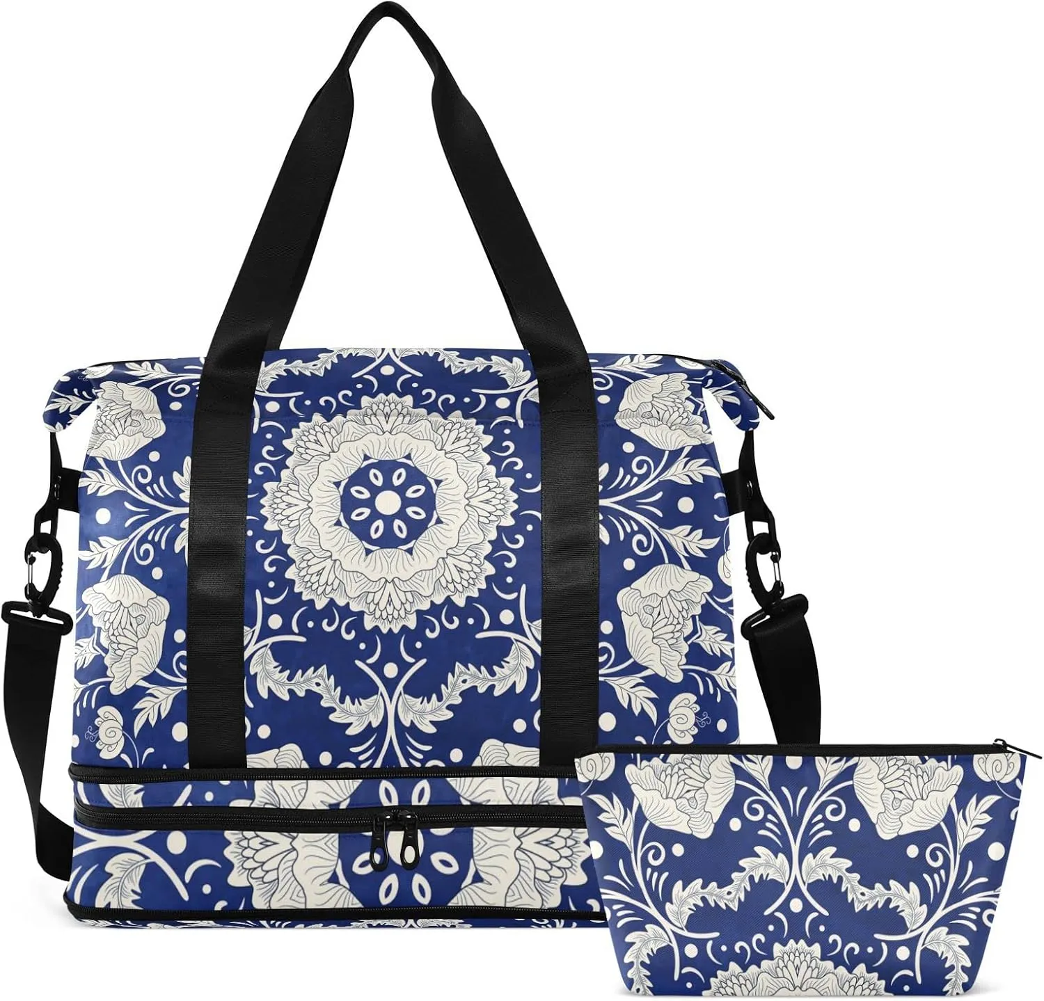 Imitating Chinese Porcelain Paint Floral Flowers on Blue Background Gym Duffel Bag, Polyester Travel Weekender Luggage Handbag with Waterproof Pocket for Wet Items, Unisex Foldable Tote for Sports