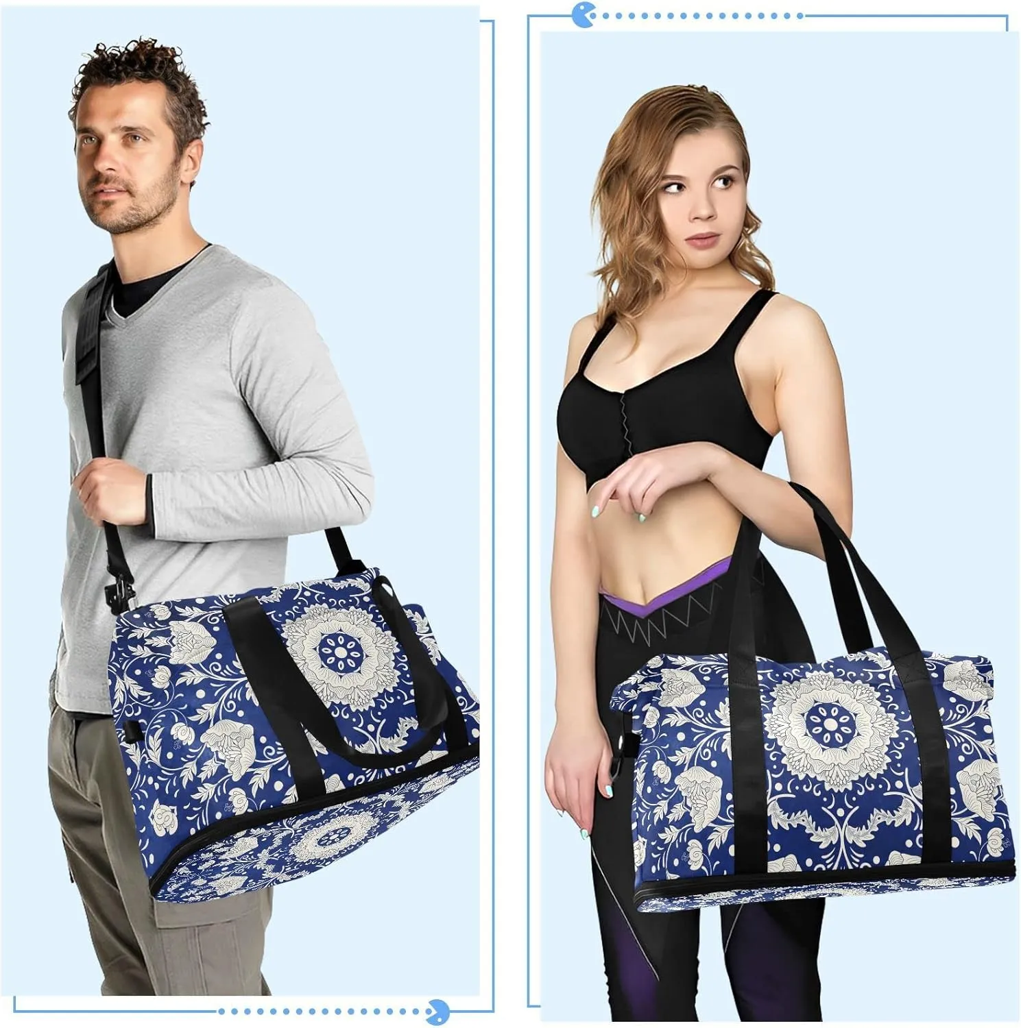 Imitating Chinese Porcelain Paint Floral Flowers on Blue Background Gym Duffel Bag, Polyester Travel Weekender Luggage Handbag with Waterproof Pocket for Wet Items, Unisex Foldable Tote for Sports