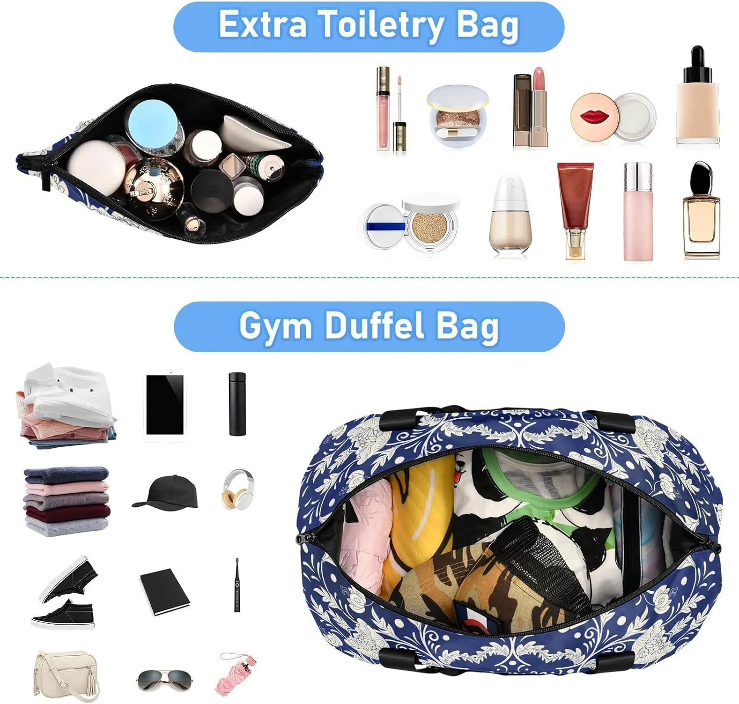 Imitating Chinese Porcelain Paint Floral Flowers on Blue Background Gym Duffel Bag, Polyester Travel Weekender Luggage Handbag with Waterproof Pocket for Wet Items, Unisex Foldable Tote for Sports