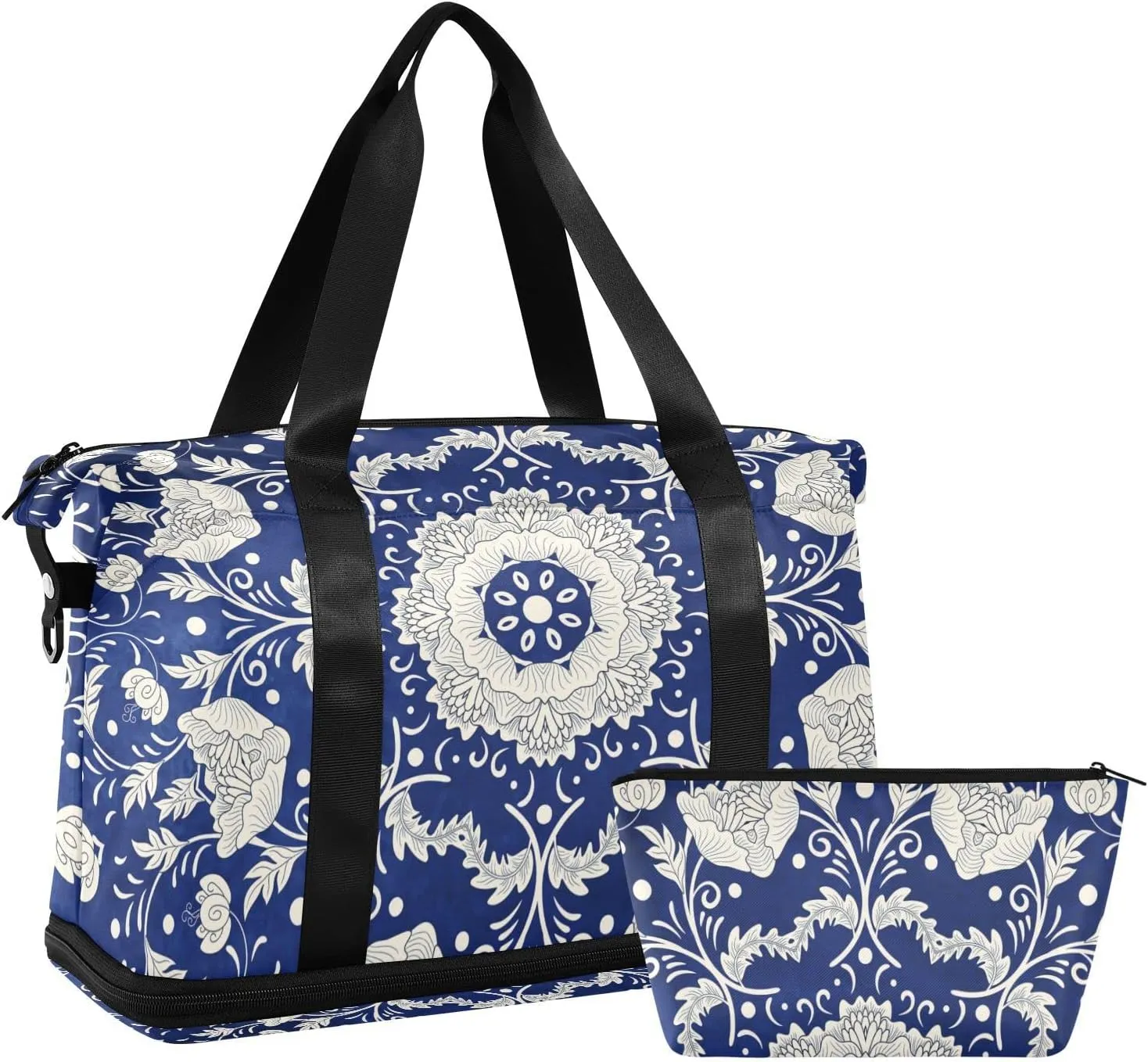 Imitating Chinese Porcelain Paint Floral Flowers on Blue Background Gym Duffel Bag, Polyester Travel Weekender Luggage Handbag with Waterproof Pocket for Wet Items, Unisex Foldable Tote for Sports