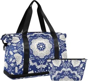 Imitating Chinese Porcelain Paint Floral Flowers on Blue Background Gym Duffel Bag, Polyester Travel Weekender Luggage Handbag with Waterproof Pocket for Wet Items, Unisex Foldable Tote for Sports