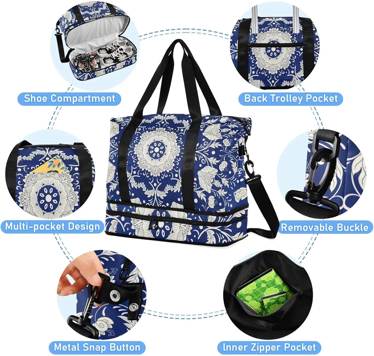Imitating Chinese Porcelain Paint Floral Flowers on Blue Background Gym Duffel Bag, Polyester Travel Weekender Luggage Handbag with Waterproof Pocket for Wet Items, Unisex Foldable Tote for Sports
