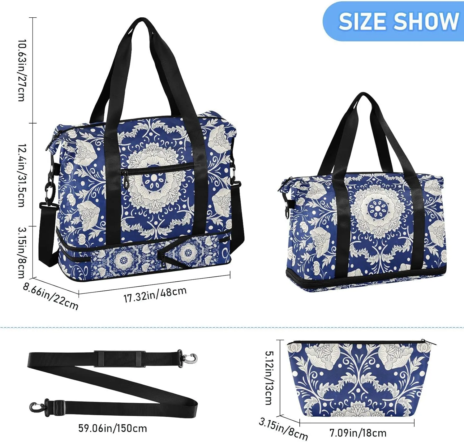 Imitating Chinese Porcelain Paint Floral Flowers on Blue Background Gym Duffel Bag, Polyester Travel Weekender Luggage Handbag with Waterproof Pocket for Wet Items, Unisex Foldable Tote for Sports