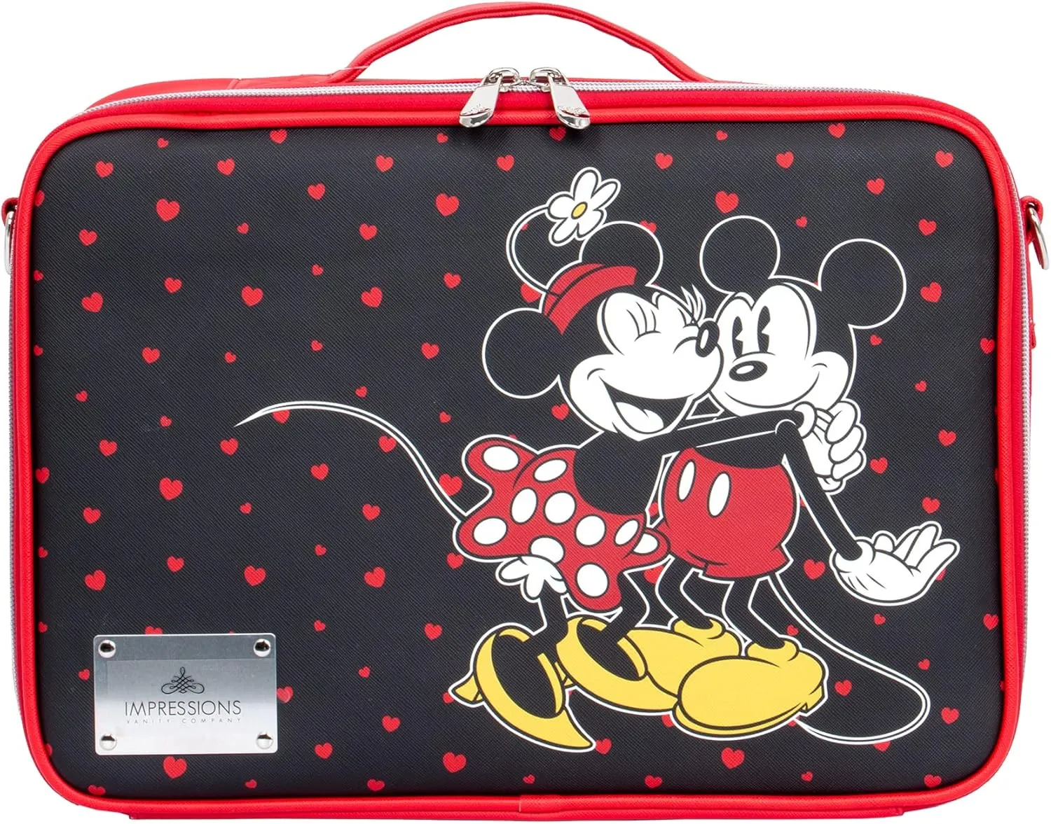 Impressions Vanity Disney Mickey and Minnie Makeup Organizer Bag with Adjustable Dividers, Handheld Cosmetic Bag with Badge Holder, Cosmetic Travel Bag with Detachable Strap