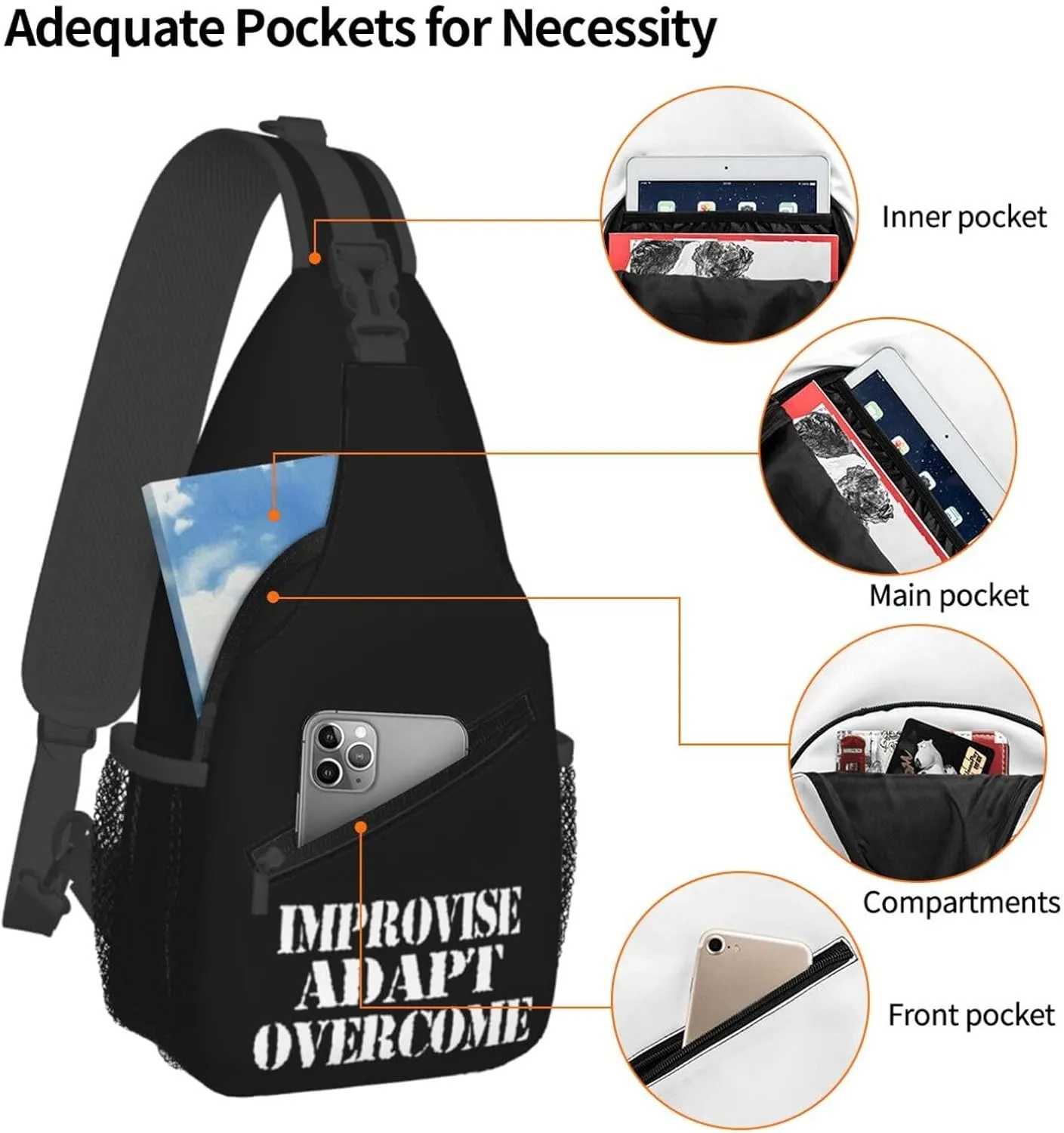 Improvise Adapt Overcome Sling Backpack Shoulder Chest Bag For Men Women Hiking Travel Crossbody Daypack