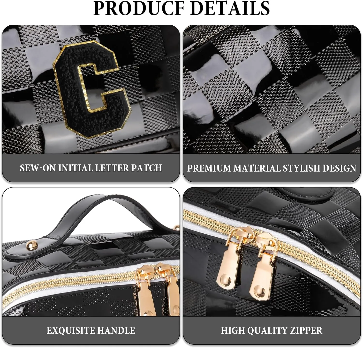 Initial Makeup Bag Large Capacity Travel Cosmetic Bag for Women PU Leather Open Flat Toiletry Bag with Handle and Divider Personalized Gifts for Women (Black C)