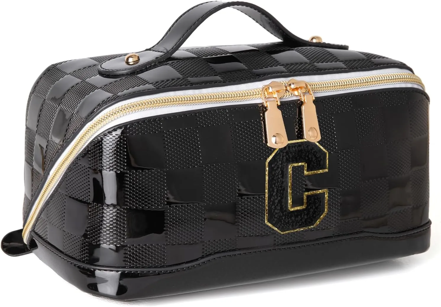 Initial Makeup Bag Large Capacity Travel Cosmetic Bag for Women PU Leather Open Flat Toiletry Bag with Handle and Divider Personalized Gifts for Women (Black C)