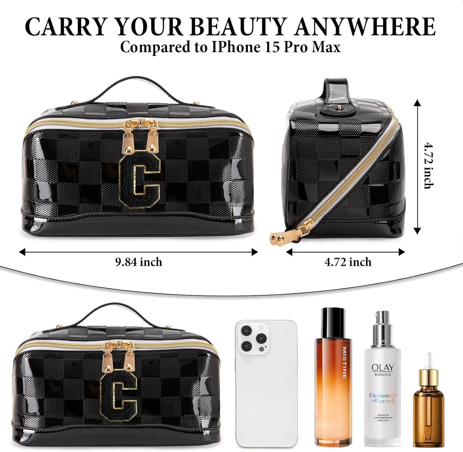Initial Makeup Bag Large Capacity Travel Cosmetic Bag for Women PU Leather Open Flat Toiletry Bag with Handle and Divider Personalized Gifts for Women (Black C)