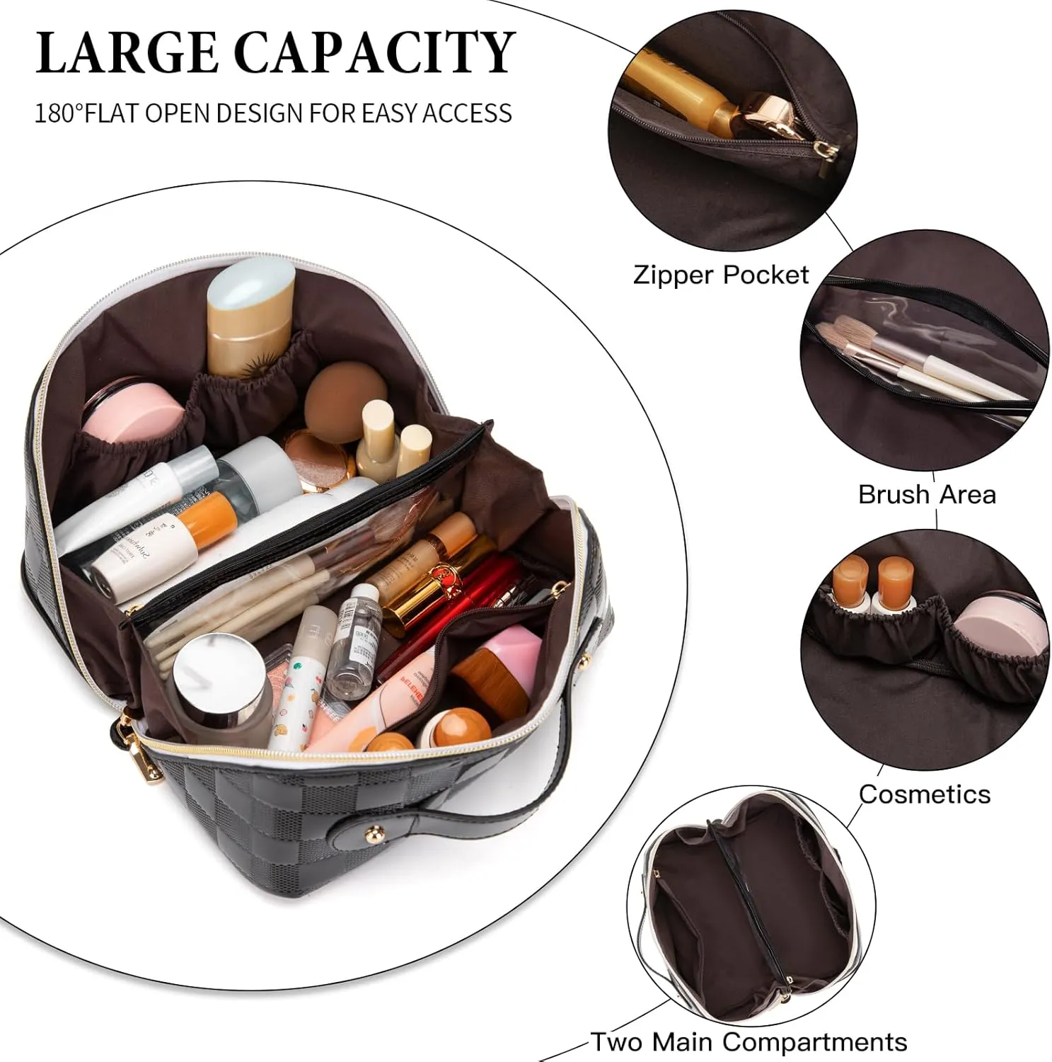 Initial Makeup Bag Large Capacity Travel Cosmetic Bag for Women PU Leather Open Flat Toiletry Bag with Handle and Divider Personalized Gifts for Women (Black C)